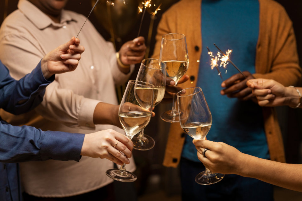 A group of people with champagne and sparklers
